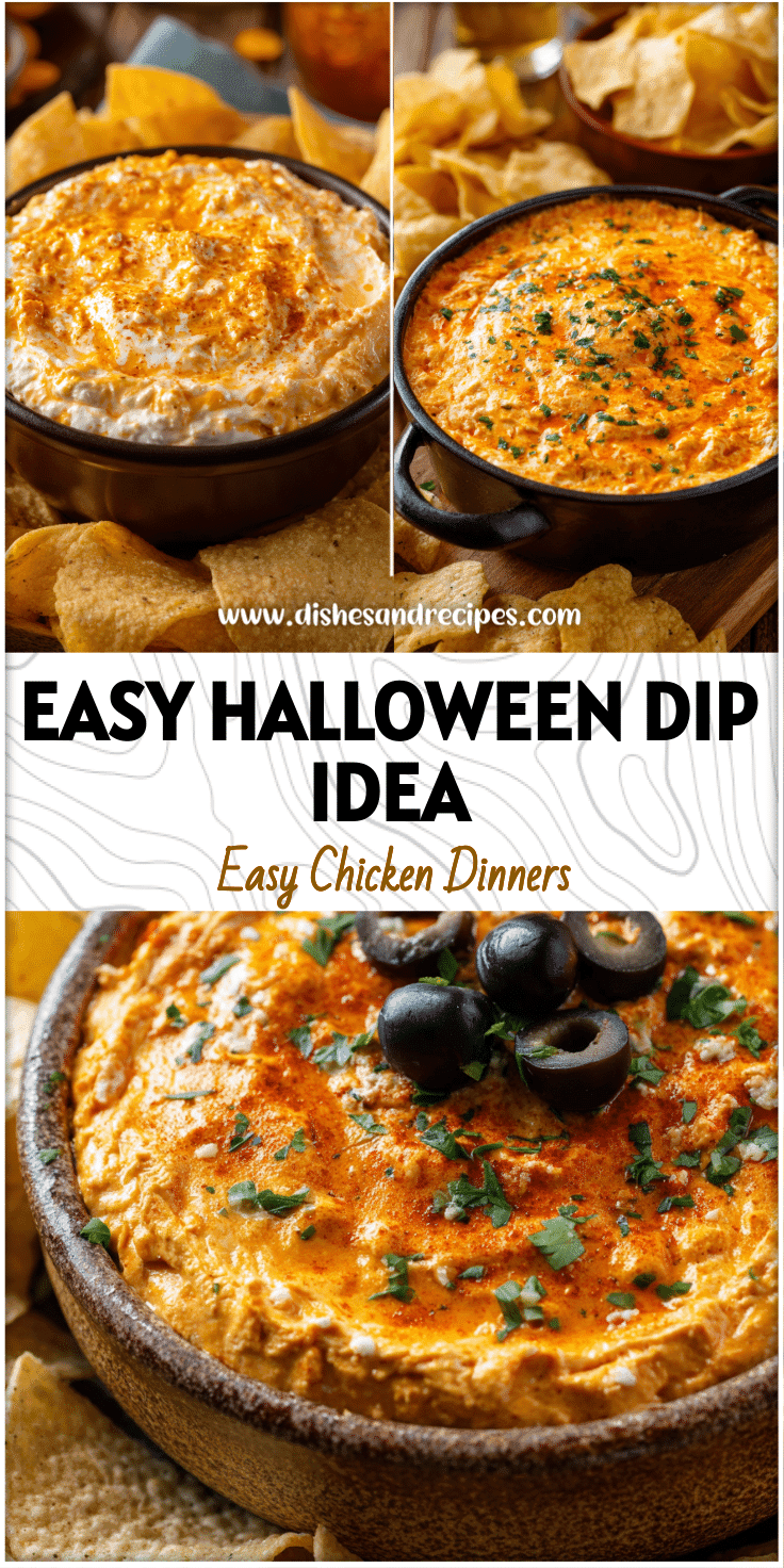 Warm Halloween Buffalo Chicken Dip served in a crockpot surrounded by chips for a festive party table.